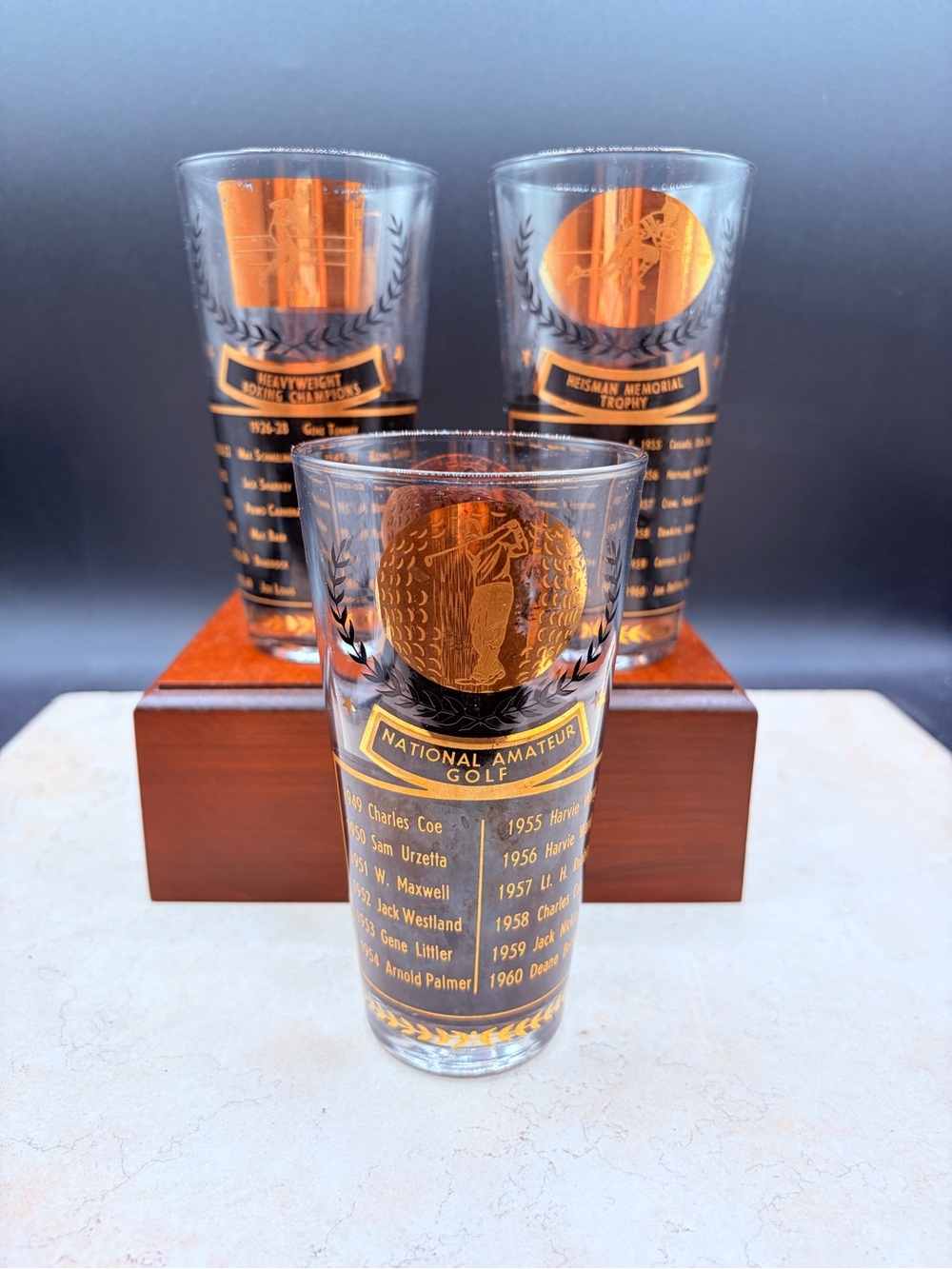 3 Vintage Cera Barware glasses black w/ gold 1959 Sports Championships Winners